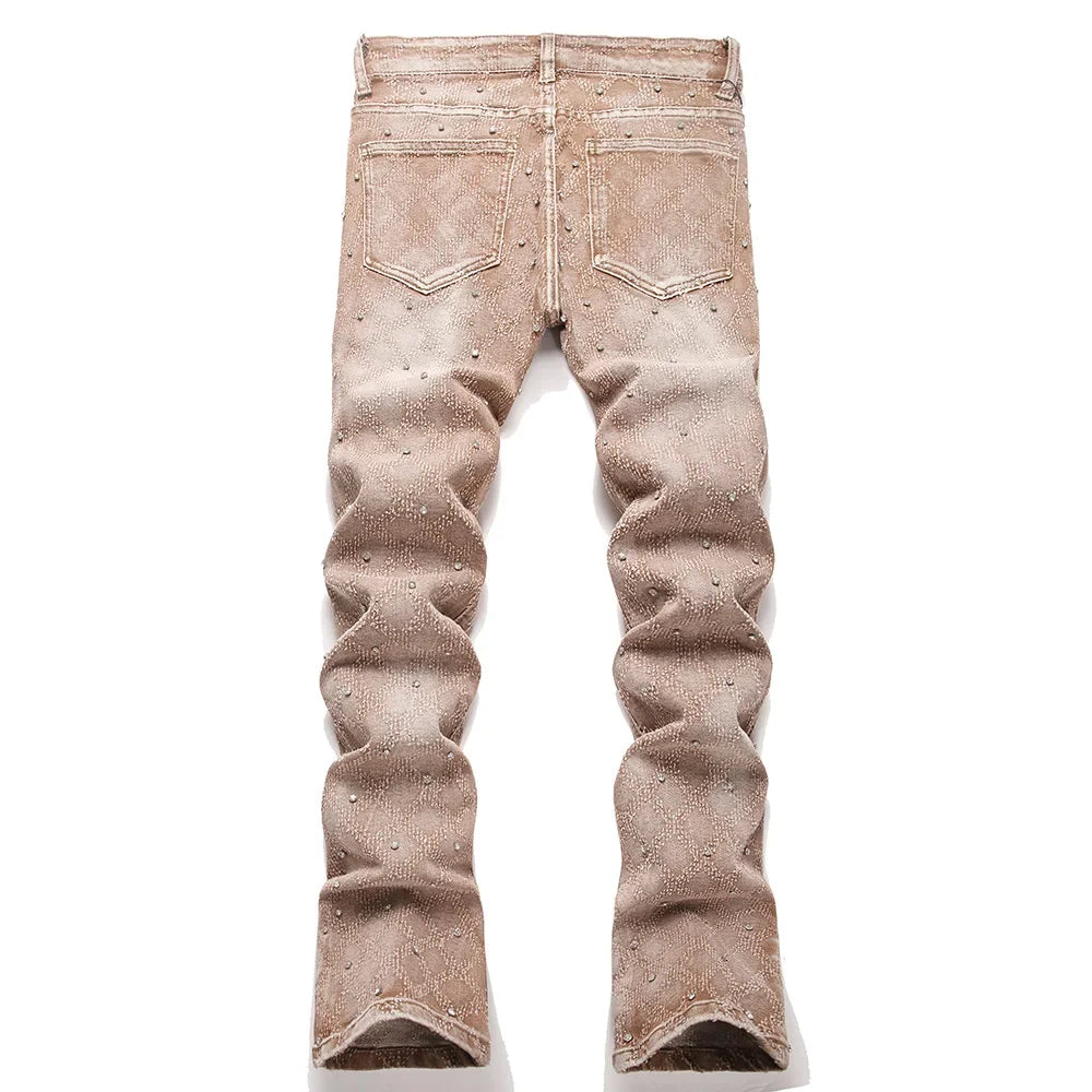 Men's Crystal Rhinestone Stretch Boot Cut Denim Jeans Punk Rivet Slim Flared Trousers Fashion Stretchy Pants