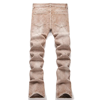 Men's Crystal Rhinestone Stretch Boot Cut Denim Jeans Punk Rivet Slim Flared Trousers Fashion Stretchy Pants