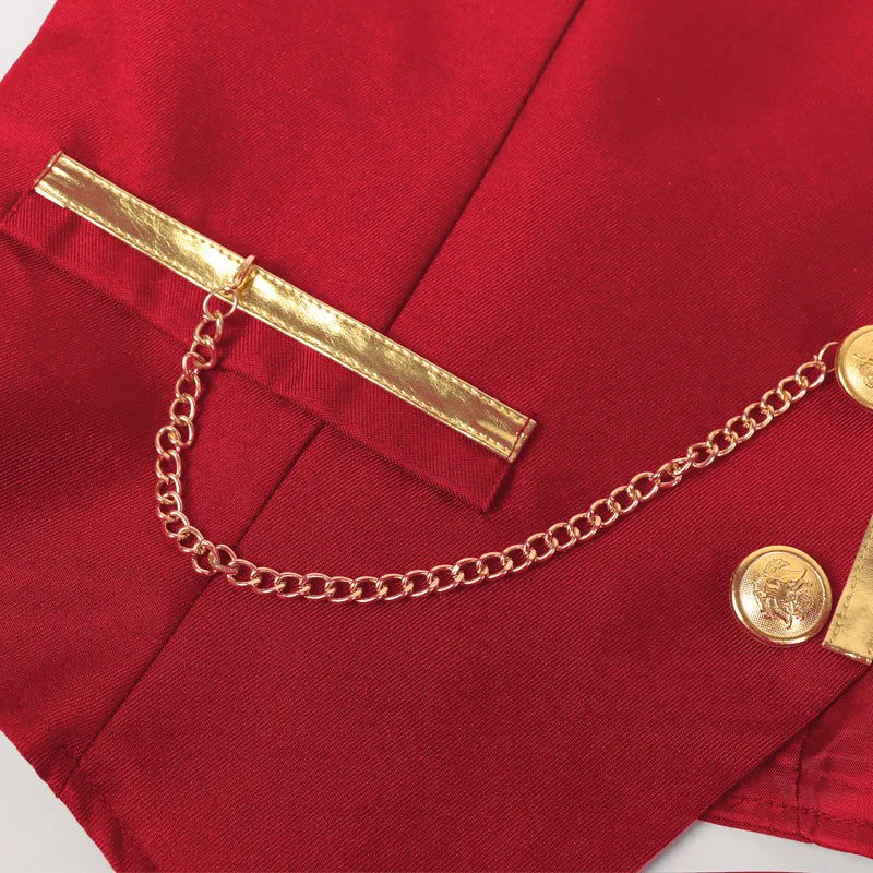 British Style Men Red Sleeveless Vest Jacket, Thin Single Button V-neck Waistcoat, Gold Striped Patchwork.