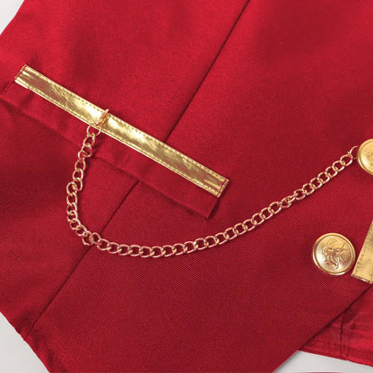 British Style Men Red Sleeveless Vest Jacket, Thin Single Button V-neck Waistcoat, Gold Striped Patchwork.
