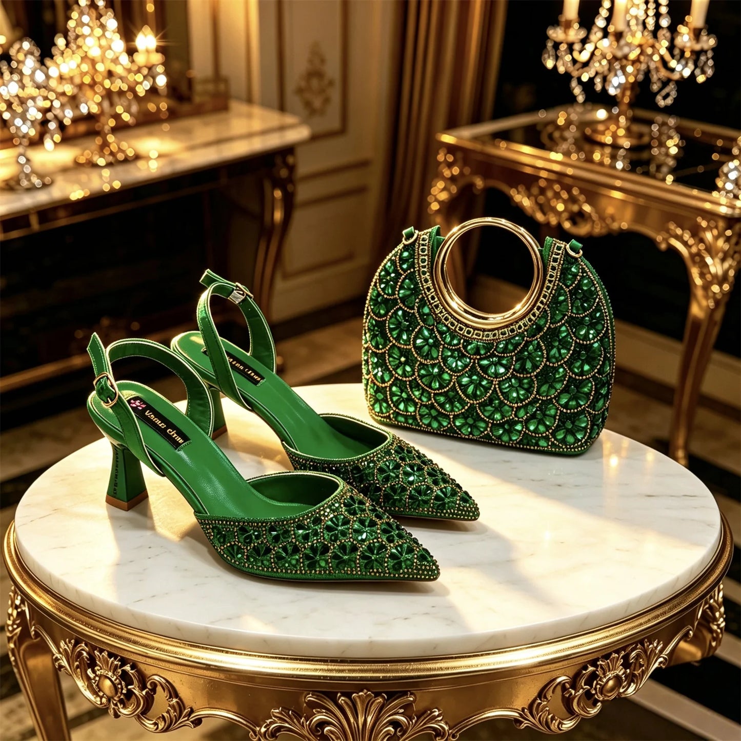 2026 New INS Italian Design Green Rhinestone Pointed Toe High Heels & Matching Handbag Set - Elegant Women's Wedding Party Shoes