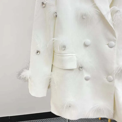Luxury feather Faux diamond blazer Women 2025 New Double breasted rhinestones jacket High quality Loose Lady suit INKEO 4O089
