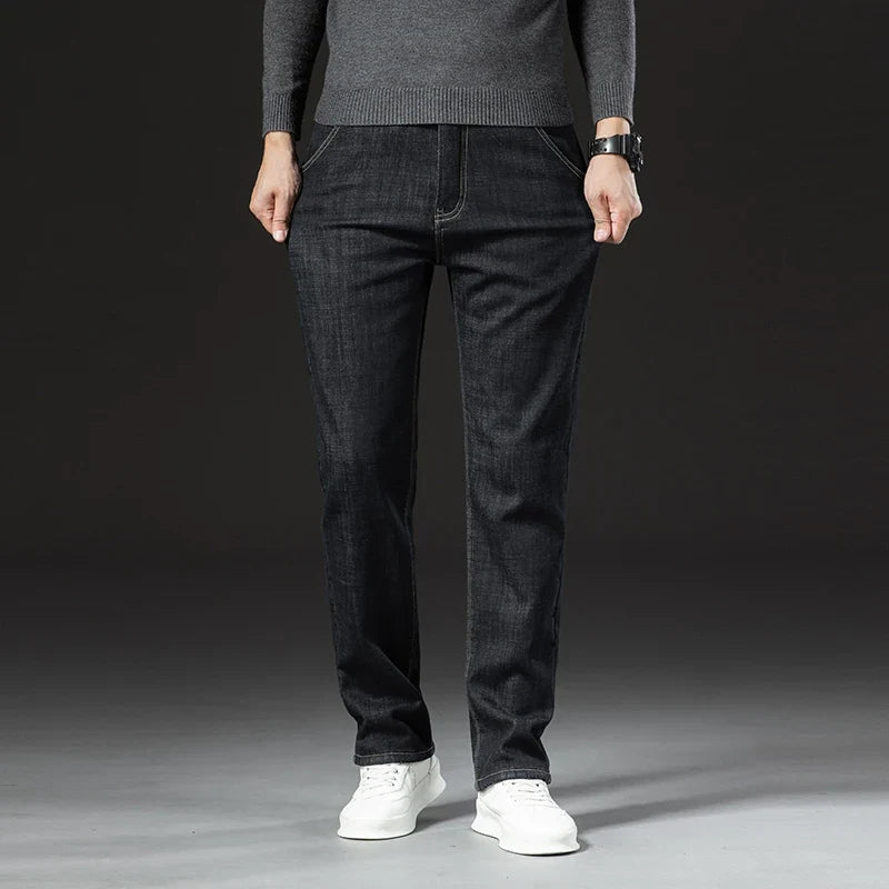 Winter Warm Fleece Jeans Men 2025 Straight Stretch Thick Casual Thermal Denim Pants Male Business Work Trousers New Men Clothing