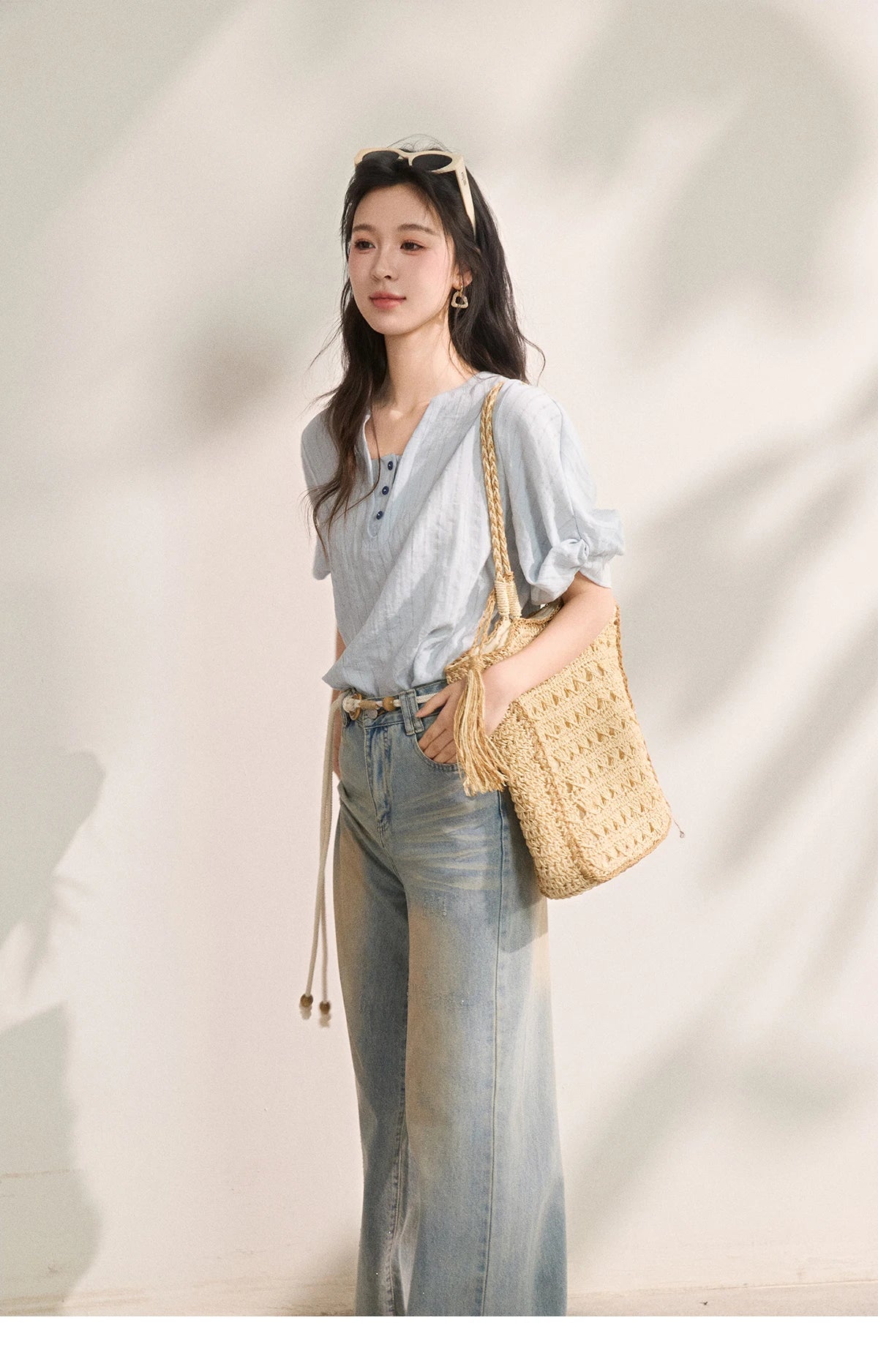 Women French Vertical Stripe Blouse Summer Seven Quarter Sleeve Loose Blouse Minimalist Solid Top Office Lady MXF16X2562