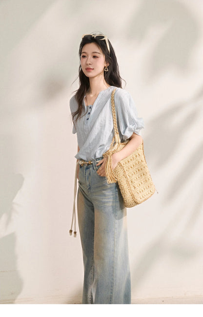 Women French Vertical Stripe Blouse Summer Seven Quarter Sleeve Loose Blouse Minimalist Solid Top Office Lady MXF16X2562