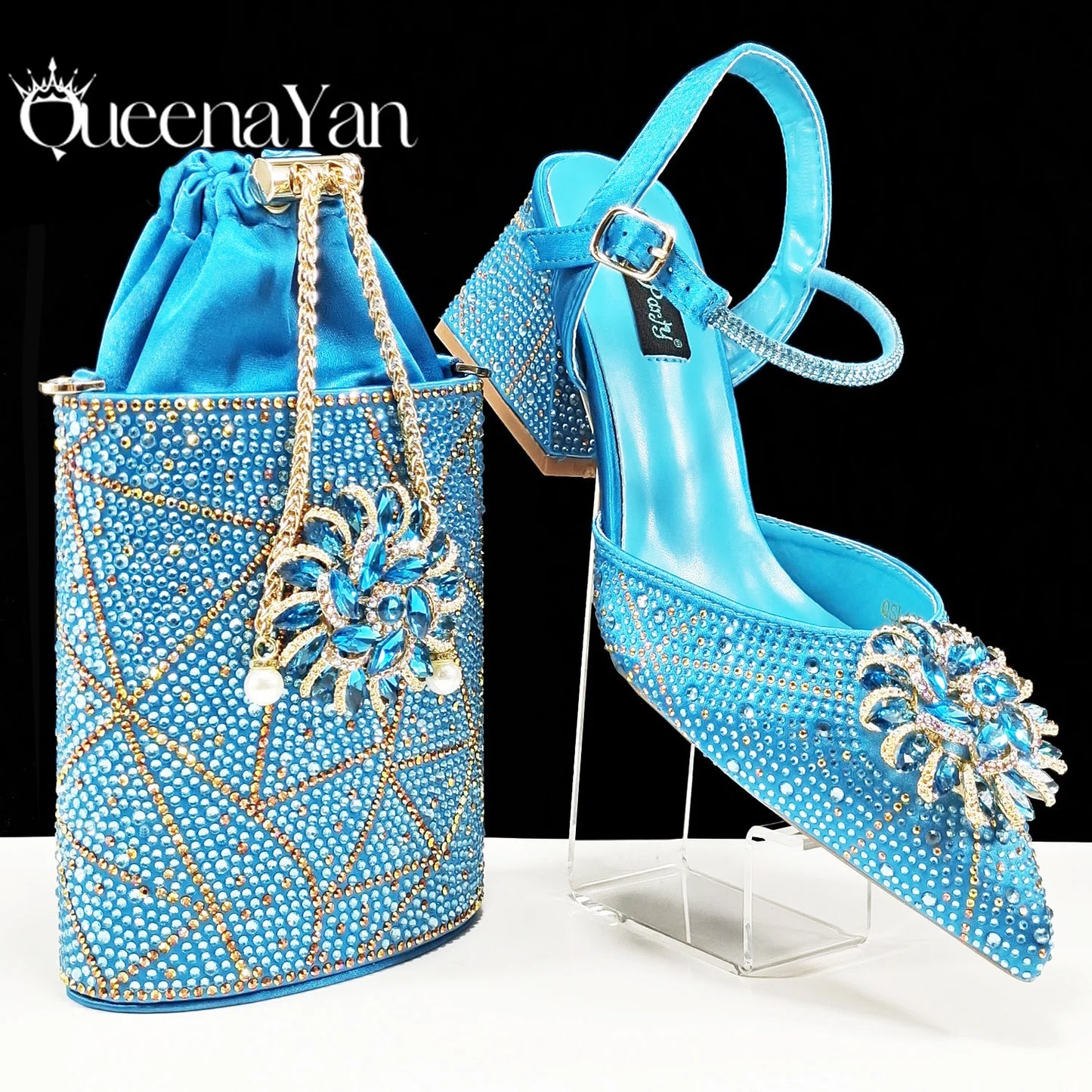New Style Evening Shoes and Bag Set Comfortable Thick Heel Shoes With Oval Stand Bag Comes with Metal Double Chain