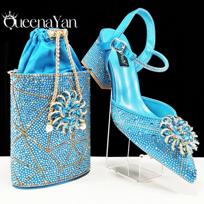 New Style Evening Shoes and Bag Set Comfortable Thick Heel Shoes With Oval Stand Bag Comes with Metal Double Chain