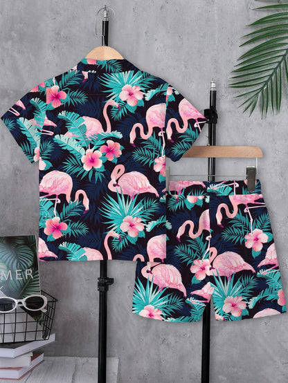 Tween Boys Hawaiian Vacation Style Short Sleeve Shirt And Shorts Set for Outdoor Scene Beach Vacation Casual Outfit Summer