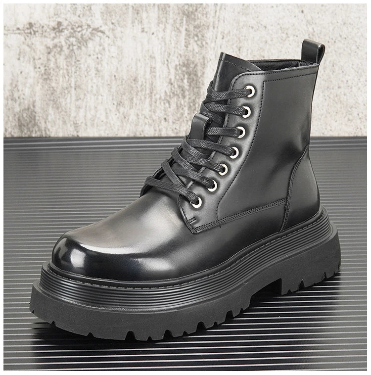 Men's Hidden Heel Motorcycle Boots - Goth Punk Ankle Boots with Thick Sole for Height Increase | Elevator Shoes