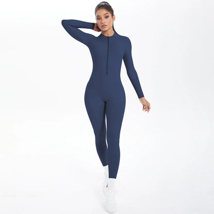 Solid Color Bodysuits for Woman's Backless Long Sleeved Zipper Yoga Jumpsuits High Dtrength Workout Sports Fitness Clothing Set