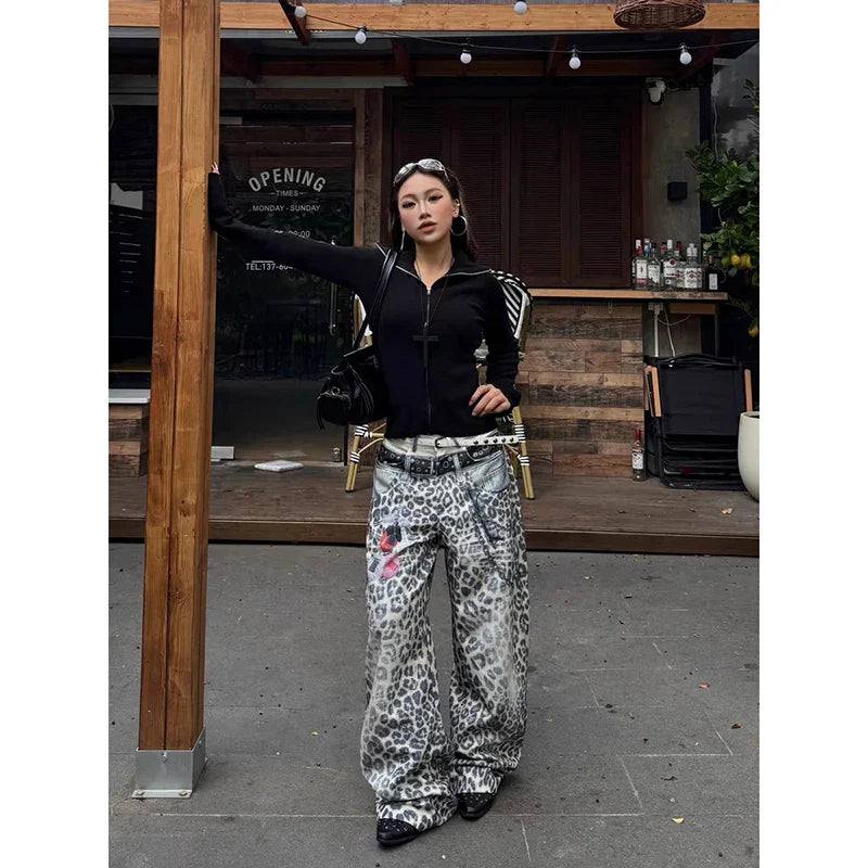 Women Baggy Y2k Leopard Jeans Japanese 2000s Hip Hop Oversize Graffiti 3D Jean Pants Vintage Harajuku Denim Trousers