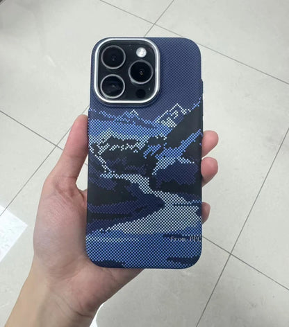 Abstract Landscape Relief for MagSafe Phone Case for iPhone 16 15 14 Pro Max 17 Wireless Charge Alloy Lens Shield Hard PC Cover