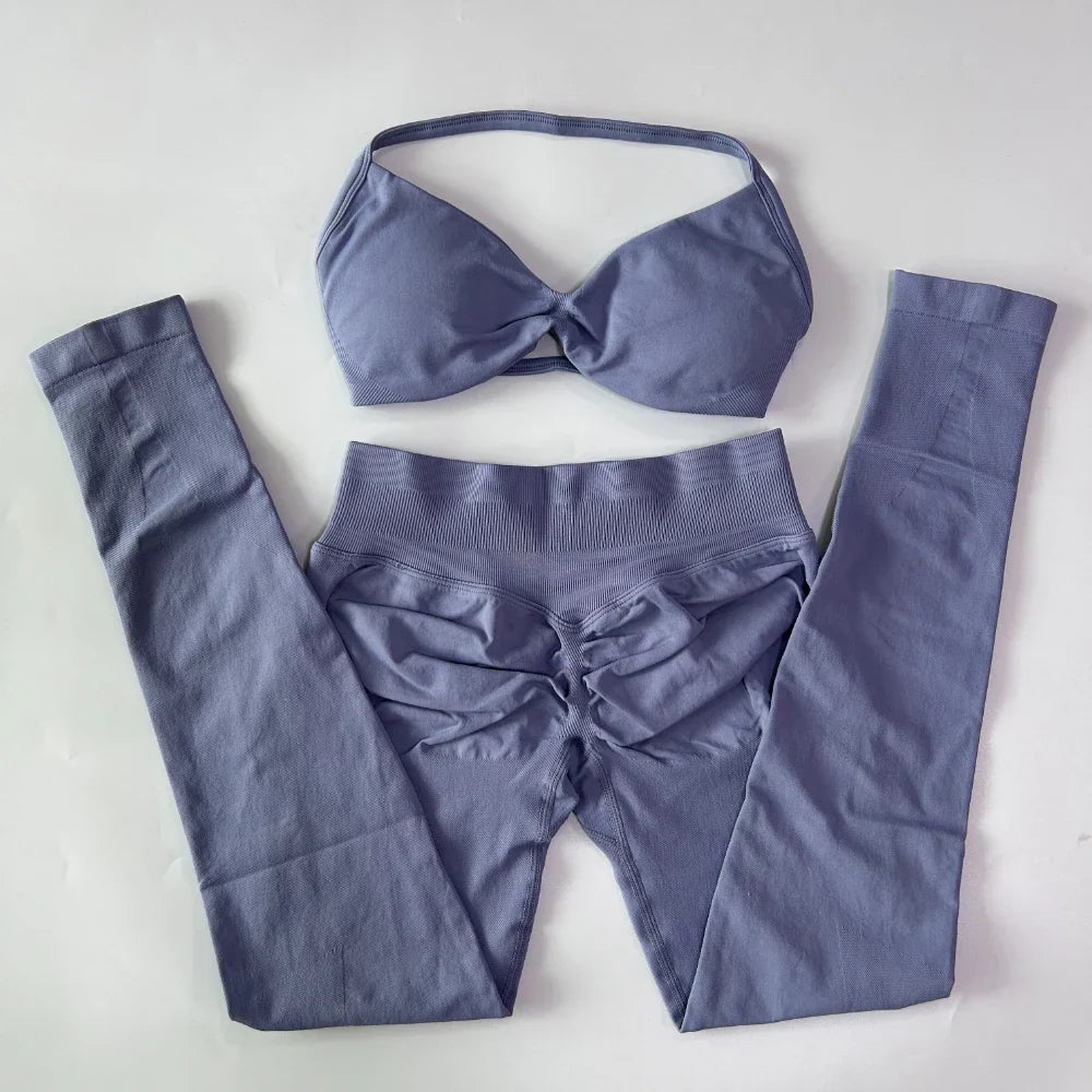 2 Pieces Set For Woman Strappy Yoga Bra Sports Top Workout Leggings Set Seamless Gym Set Fitness Clothes Outfit Activewear