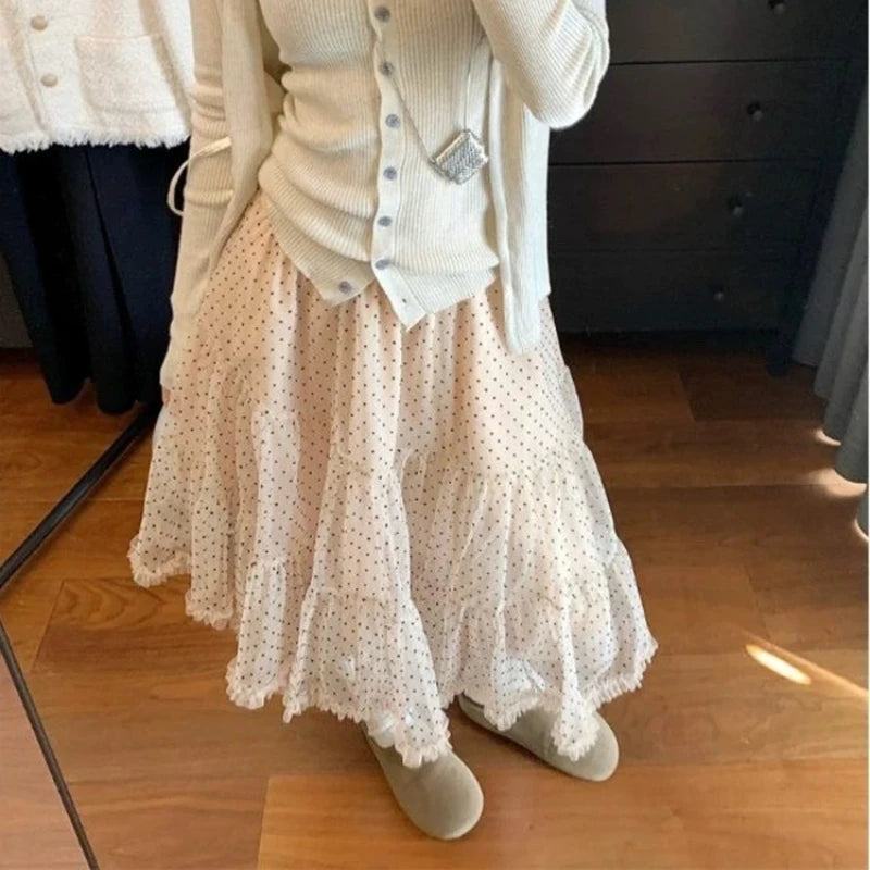 Sweet Elegant Skirts Women Korean Style Polka Dot Mesh Ruffle Skirt Fairycore Fashion Retro Streetwear Layered Skirts