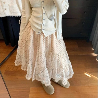 Sweet Elegant Skirts Women Korean Style Polka Dot Mesh Ruffle Skirt Fairycore Fashion Retro Streetwear Layered Skirts