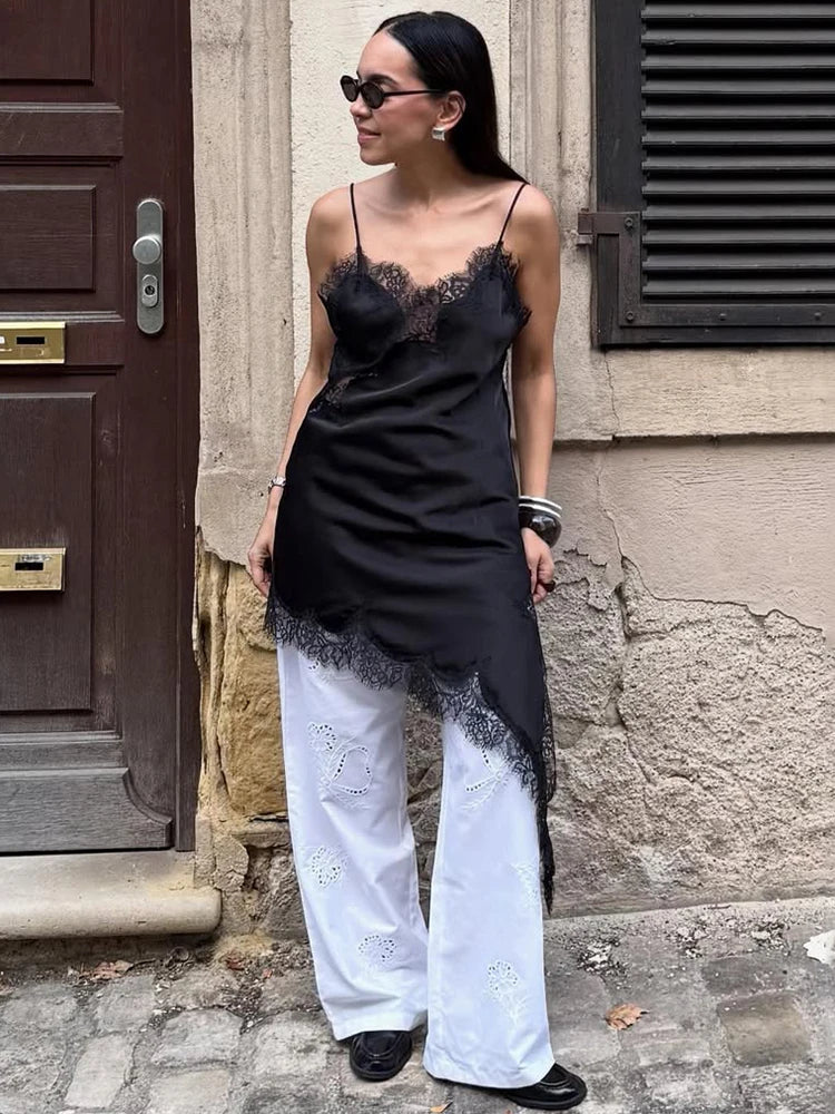 Trendix Black Lace Slip Dress Women exy Hollow Out Sleeveless Short Dresses Party Club Ruffle Loose Elegant Backless Mini Dress