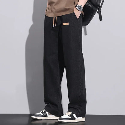 Men Dark Blue Blue Stretch Elastic Waist Denim Pants Streetwear Loose Full Length Trousers Straight Wide Leg Drawstring Jeans