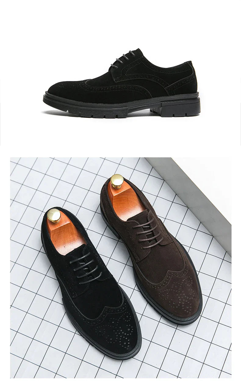 Leather Brock carved business dress shoes for men round head lace-up casual shoes