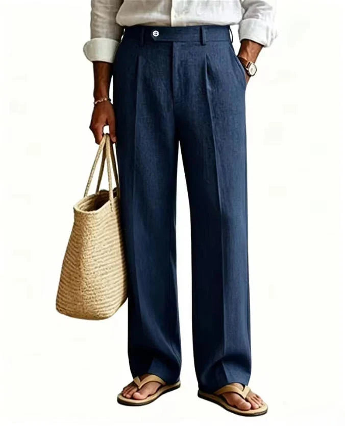 Beige Men's Linen Pants Breathable Cool Straight Leg Trousers High Waist Pleated Lightweight Summer Casual For Beach Vacation
