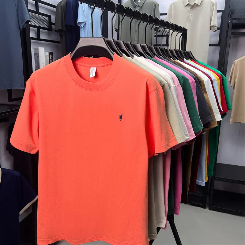 Xiaoma Embroidery Casual Pure Cotton Short Sleeved T-shirt for Young Men, Round Neck Solid Color T-shirt for Men