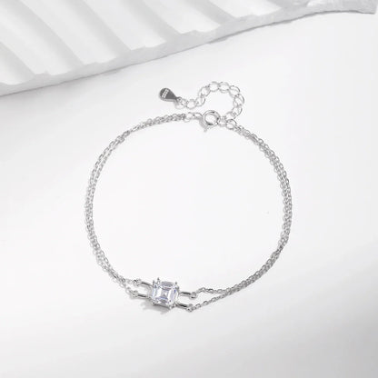 925 Sterling Silver Double Layer Link Chain Bracelet Shiny Square Emerald Cut Wedding Jewelry For Women Anniversary Gift