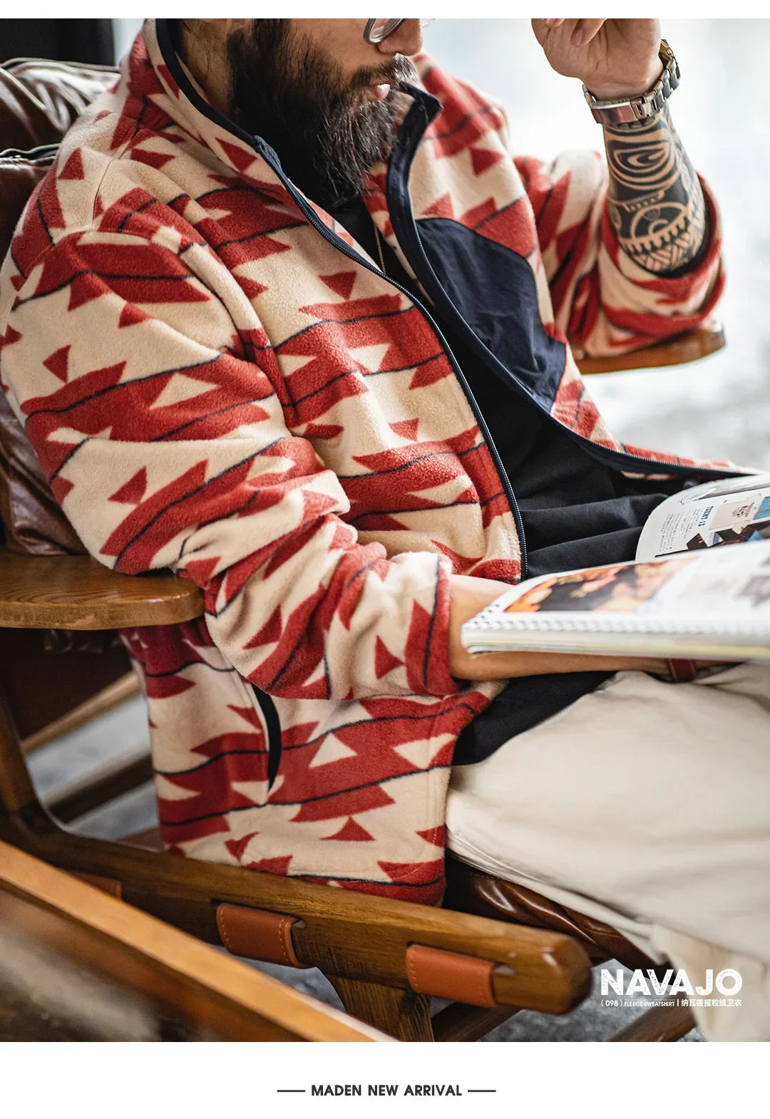 Men's Vintage Navajo Polar Fleece Jacket Stand Collar Zip-Up Patchwork Sweatshirt Warm Cardigan for Spring and Autumn Coat