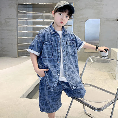 Kids Summer Casual Clothing Set for Tween Boys Shirt And Short Denim 2 Piece Outfit Set Teens Child Cool Streetwear Suit Wear