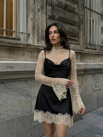 Women Elegant Fashion Lace Patchwork Dress Flare Sleeve Slim Mini Dresses 2026 Spring Summer Lady Sexy Party Evening Dress