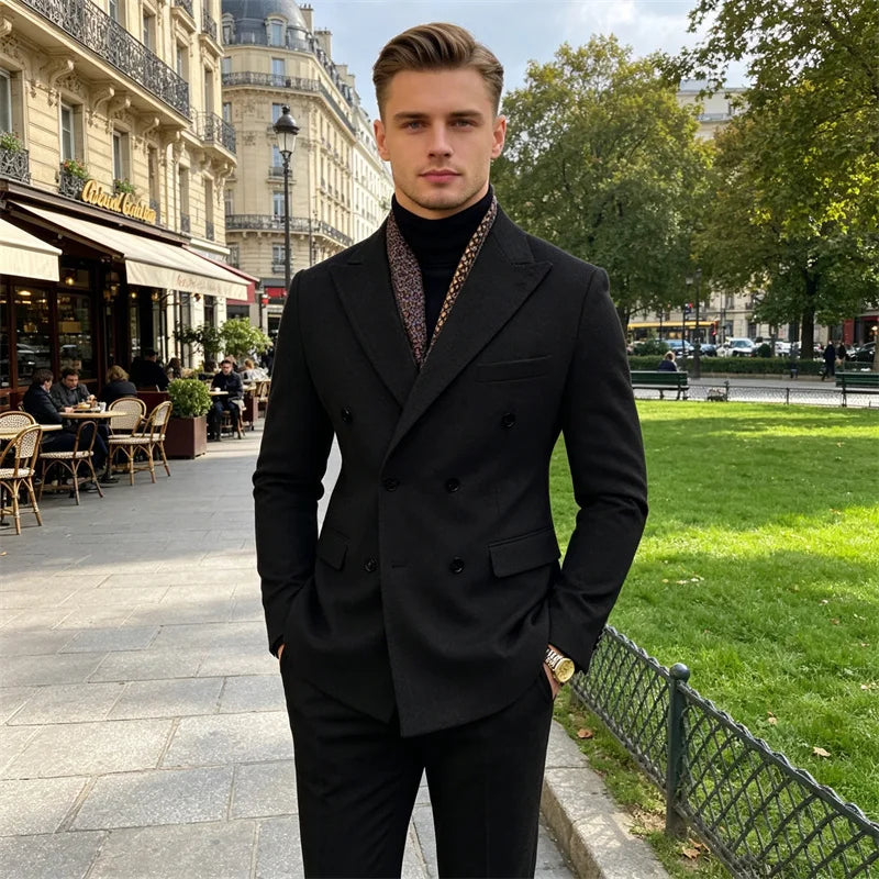 Wool Blend Men's 2 Piece Suit Set（Jacket+Pants) Double Breasted Lapel Suit Set Wedding Prom Dinner Wrok Travel Dinner Banquet