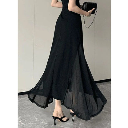 Korean V-Neck Spaghetti Strap Dress for Women Sexy Backless Waist-Tight Party Dresses Woman Elegant Black Sheer Midi Dress New
