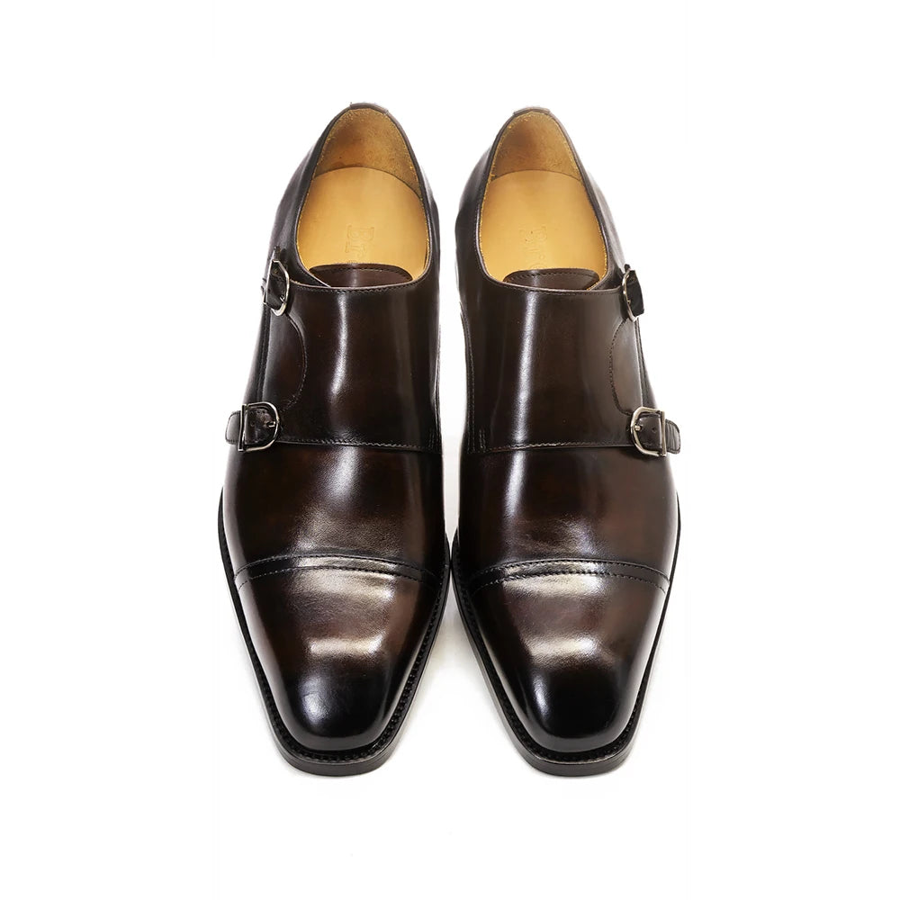 Luxury Genuine Leather Double Buckle Monk Strap Formal Shoes for Men Classic Cap Toe Business Office Wedding Dress Shoes