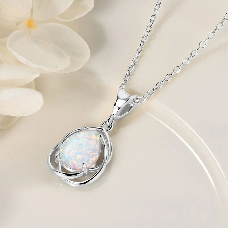 925 Sterling Silver Hollow Pendant Necklace 7*10mm Pear Shape Cut Synthetic Opal Drop Necklaces For Women Wedding Jewelry