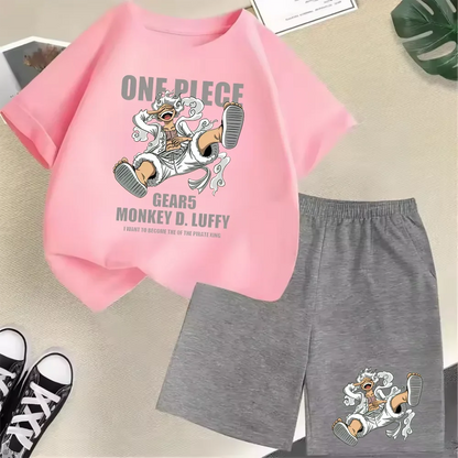Summer New Cotton Kids T-Shirt Set Luffy Gear 5 One Piece Children Shorts Sport Casual School Outdoor Boys Tracksuit