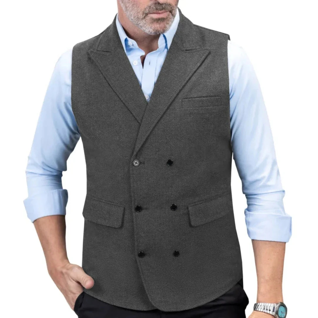 Men Vest Black Herringbone Double Button With Lapel Waistcoat For Wedding Birthday Banquet Office Business Work Men Suit Vest