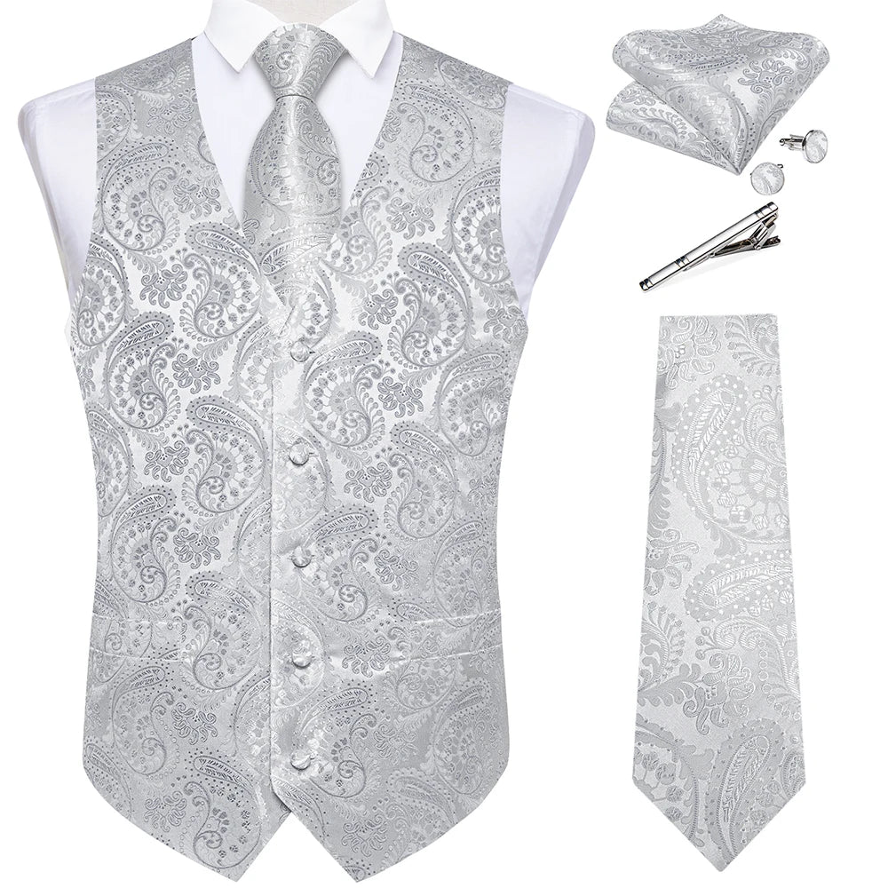 Suit Vest for Men Black Solid Paisley Wedding Prom Groom Jacquard Waistcoat with Necktie for Tuxedo Men Clothing