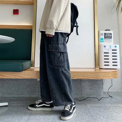 Baggy Jeans Men's Oversize Streetwear Fashion Wide Leg Cargo Pants Hip Hop Harajuku Multi-Pocket Denim Trousers Black Blue