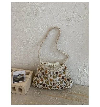 Hollow Beading Women Shoulder Bag Rope Knitting Handbags Bohemian Crochet Mesh Bags for Women Small Woven Beach Bag Flap Tote