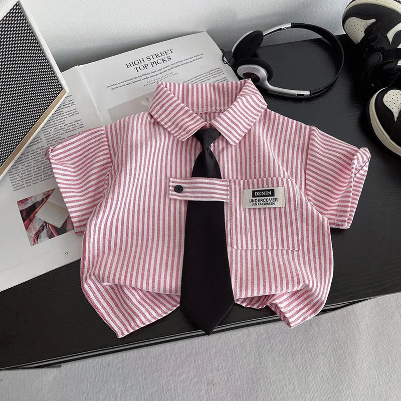 New Toddler Summer Baby Boys/Girls Clothes Suits Children Pinstripe Shirt with Tie Shorts 2Pcs/Set Infant Kids Fashion Outfits