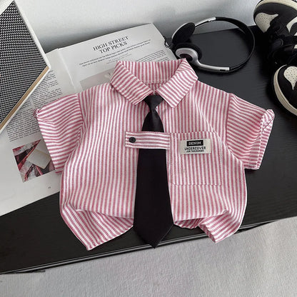 New Toddler Summer Baby Boys/Girls Clothes Suits Children Pinstripe Shirt with Tie Shorts 2Pcs/Set Infant Kids Fashion Outfits