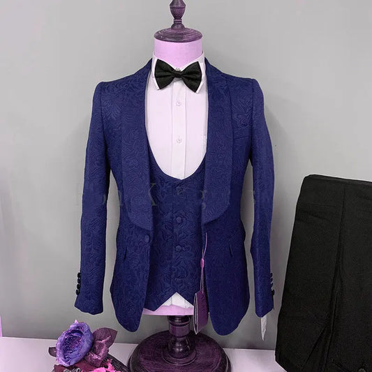 Hot Selling Men Suits Pattern and Black Groom Tuxedos Shawl Satin Lapel Groomsmen Wedding Best Man ( Jacket+Pants+Vest+Tie) C691
