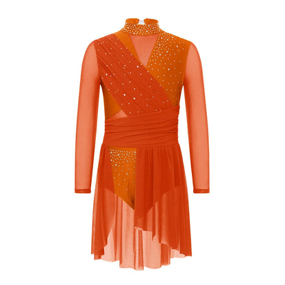 Kids Girls Gymnastics Figure Skating Ballet Lyrical Dance Costume Dress Side Split Sheer Mesh Ruched Glittery Rhinestones Dress