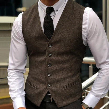 Men Vest Brown Herringbone Single Breasted With Lapel Waistcoat For Wedding Party Business Work Daily Casual Ball Men Suit Vest