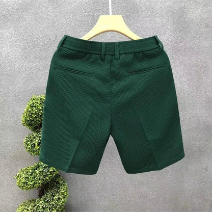 Men's Shorts Plaid Texture Solid Straight-leg Business Social Elastic Waist Button Short Pants Loose Knee Length Casual Short