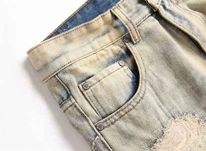 Summer Worn and Scratched Jeans Men's Small Feet Perforated Pockets Ragged Edges Long Pants Slim Fit Printing High Street Tide 2