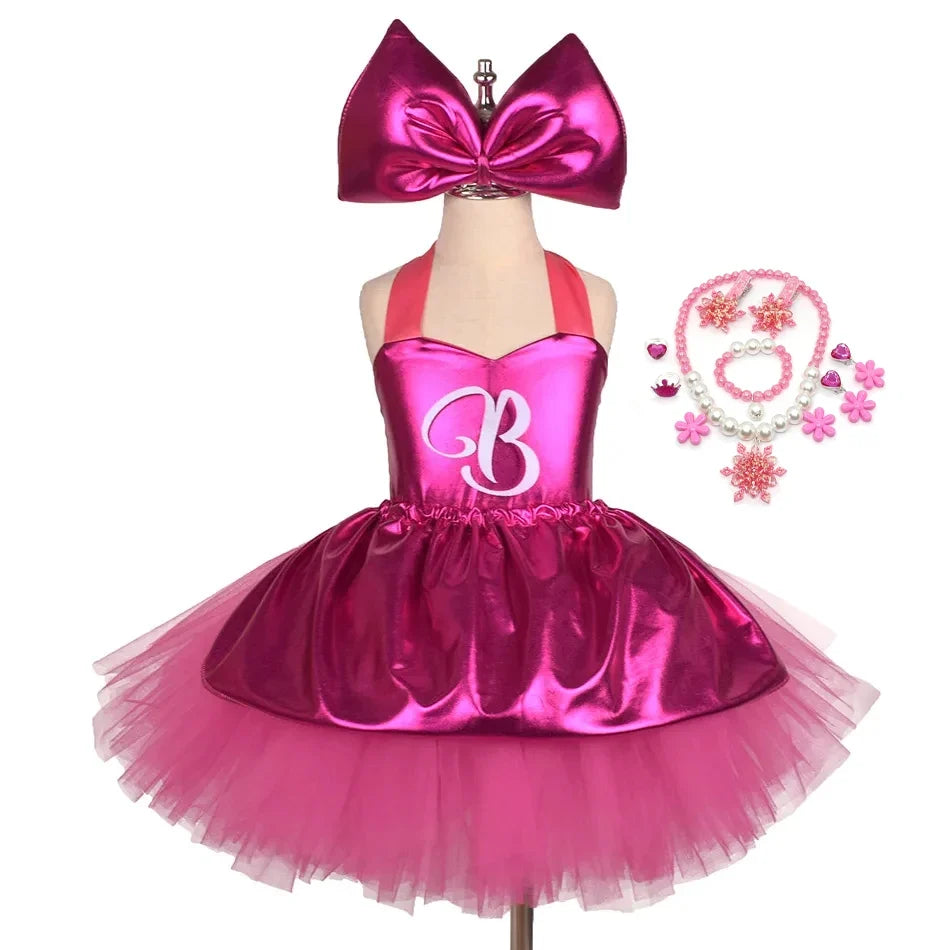 Princess Girls Rosy Knee Length Rose Red Tutu Dresses for Girl Letter B Birthday Party New Year Christmas Costumes Margot Robbie