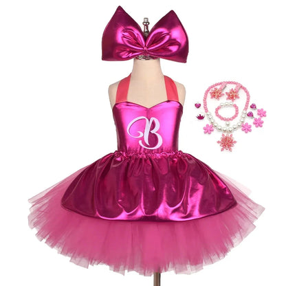 Princess Girls Rosy Knee Length Rose Red Tutu Dresses for Girl Letter B Birthday Party New Year Christmas Costumes Margot Robbie