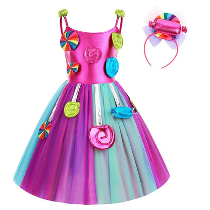 2025 Purim Festival Suspender Rainbow Dress For Girl Candy Lollipop Costume Party Gift Candy Dress + Lollipop Accessories Suit