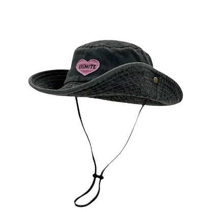 Retro Washed Bucket Hats for Women Cowboy Hats Outdoor Camping Sun Protection Sweet Pink Love Bucket Caps