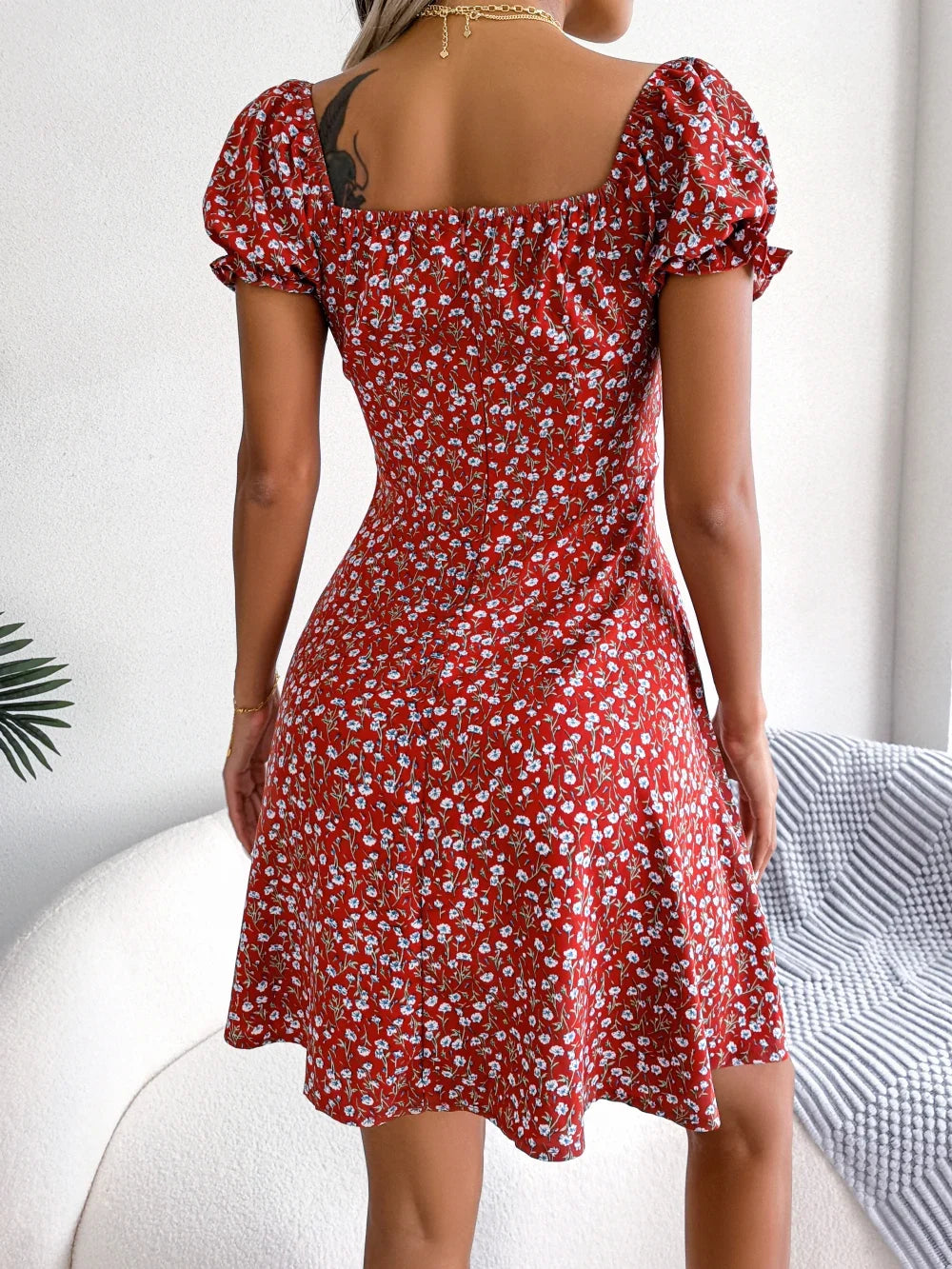 Women Casual Square Neck Flare Short Sleeve Floral Dress Elegant A Line Dress for Spring Summer 2026 Fashion Woman Clothing