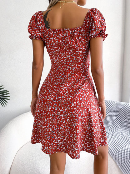 Women Casual Square Neck Flare Short Sleeve Floral Dress Elegant A Line Dress for Spring Summer 2026 Fashion Woman Clothing